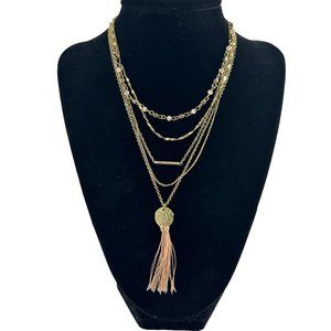 Lot of 2 Gold Tone Necklaces Multi Strand Chain Pink Tassel Pendant Layering